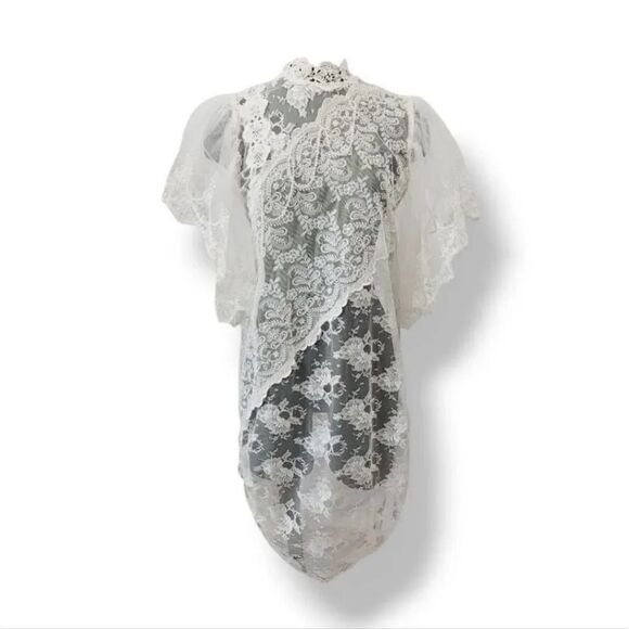 Vintage Victorian Flutter Puff Sleeve Sheer Ivory Lace Formal Wedding Dress M/L - Picture 3 of 13